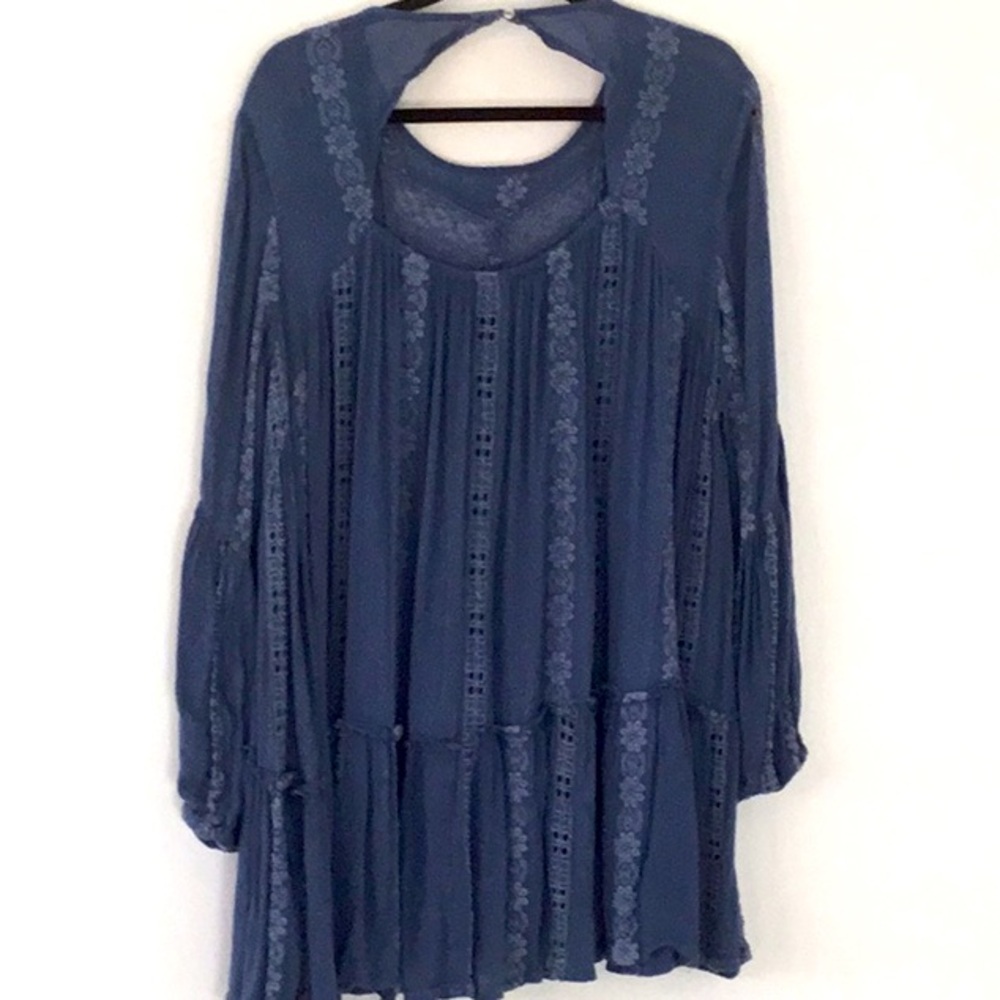 Free People KissKiss Blue Embroidered Lace Tunic Tiered Hem Dress Boho Fairy Y2K - Picture 3 of 5
